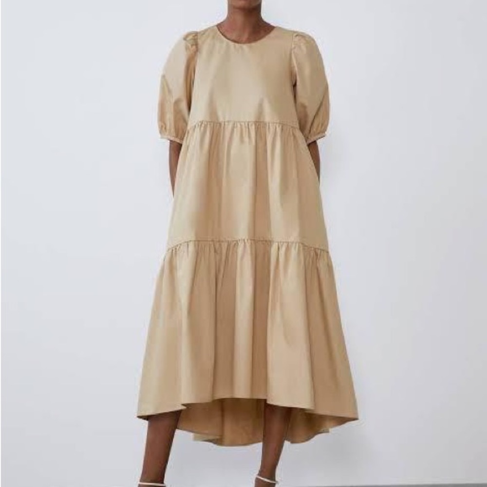 Zara Beige Tiered Asymmetric Poplin MIDI Dress
